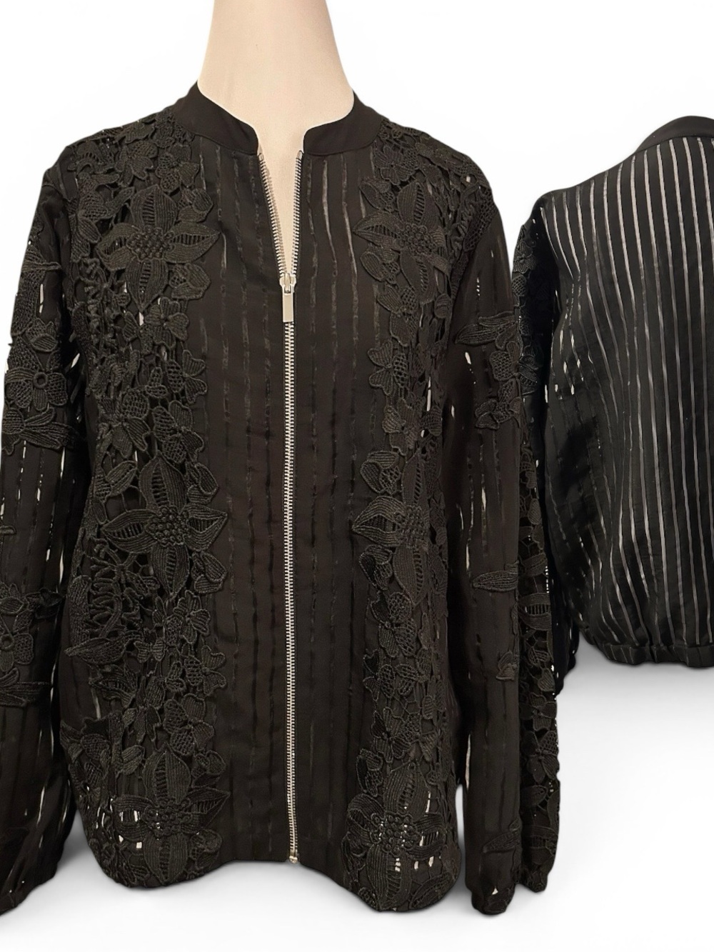 Chico's Black Lace Bomber Jacket Size L (Chico's Size 2) Full Zip Feminine